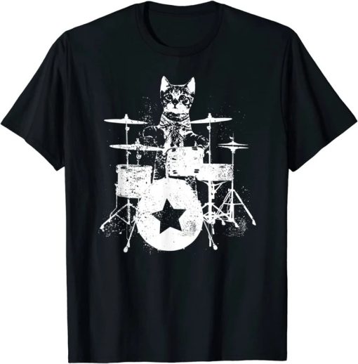 punk rockstar kitten kitty cat drummer playing drums graphic t shirt AA