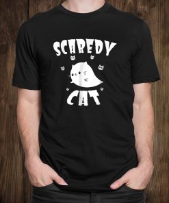 Scaredy Cat Shirt Cute Cartoon Ghost Cat Halloween Shirt AA