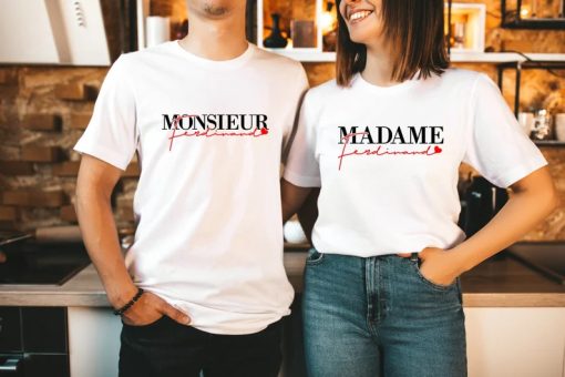 Madame Monsieur personalized last name red heart Couple T Shirt